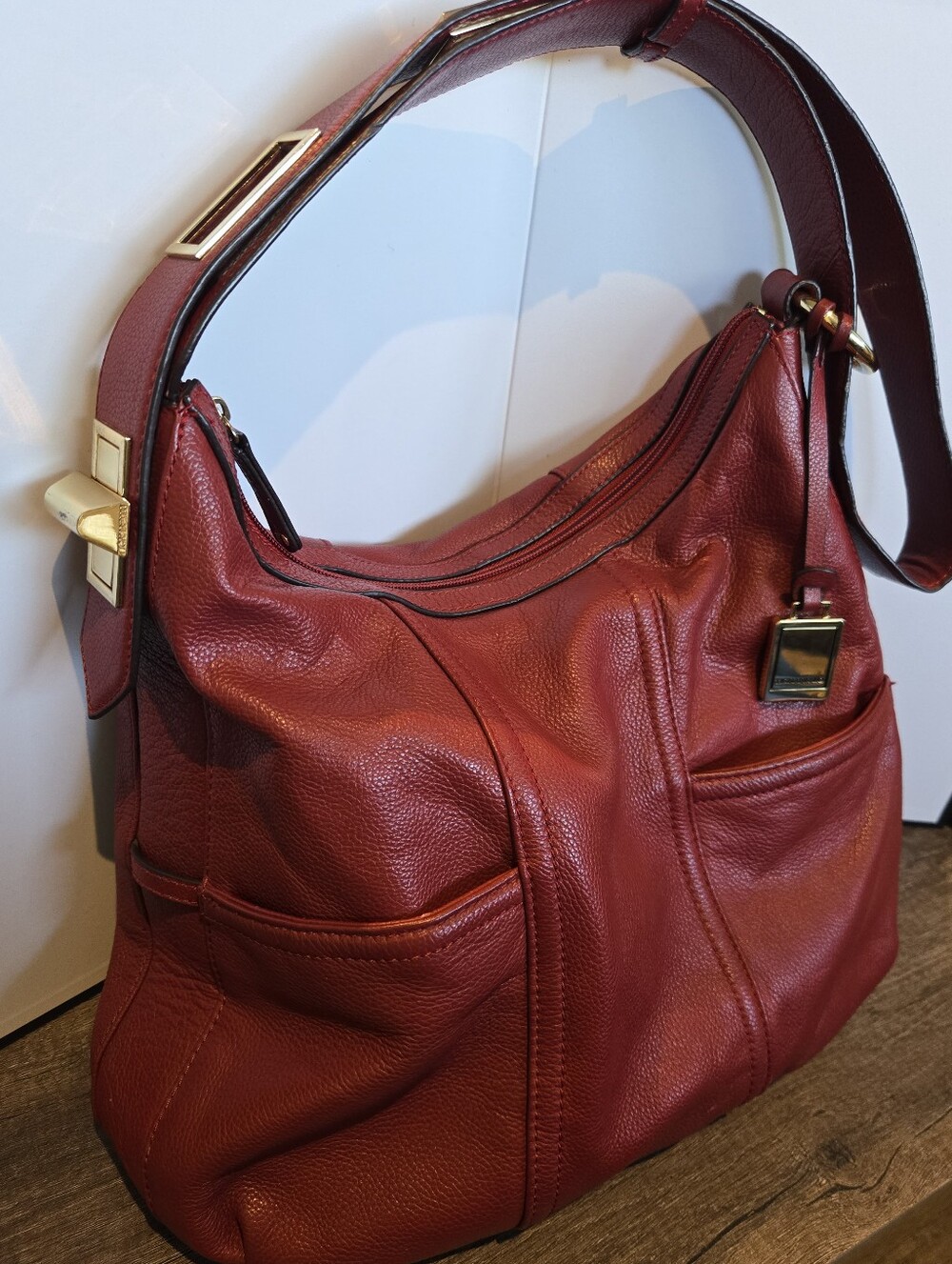 Tignanello Red Pebbled Leather Hobo Shoulder Bag Adjustable Strap Handbag